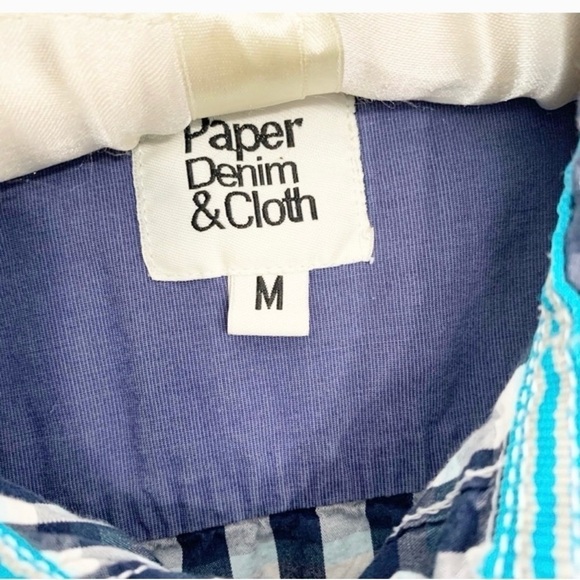 PAPER DEMIN & CLOTH Mens Blue Plaid Roll Tab Sleeve Button Down Shirt Pockets M - Picture 3 of 5